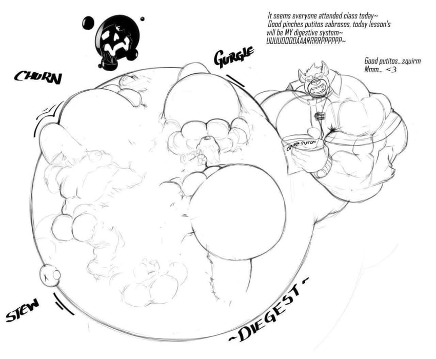 anthro belly belly_bulge belly_button black_and_white burp burping canid canine churn digestion fatal_vore fur furry gurgle huge_belly hyper hyper_belly male_pred mammal multiple_prey penis penis_outline sachiel_666 stomach_bulge teacher text vore vore_belly waffle_(character)