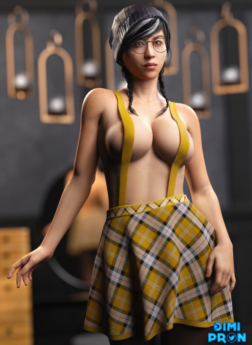 1girls 3d asian_female black_hair blender breasts clothed clothing daz3d daz_studio dimipron dokkaebi_(rainbow_six) female female_only glasses light-skinned_female no_sunglasses rainbow_six rainbow_six_siege skirt solo stockings tagme tom_clancy