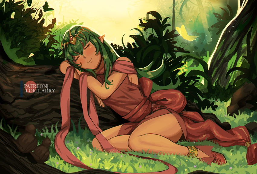 1girls alternate_hairstyle bare_arms bird closed_eyes dress female female_only fire_emblem fire_emblem_awakening fire_emblem_heroes forest green_hair hair_down long_hair lorilarry nintendo pelvic_curtain pointy_ears sleeping smile solo tiki_(adult)_(fated_divinity)_(fire_emblem) tiki_(adult)_(fire_emblem) tiki_(fire_emblem) tree tree_trunk very_long_hair