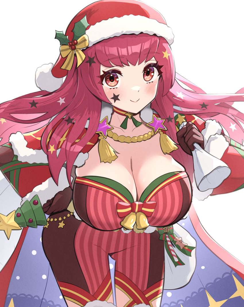 1girls absurdres alternate_costume breasts christmas cleavage commentary cowboy_shot facial_mark female female_only fire_emblem fire_emblem_engage fire_emblem_heroes gonzarez hat highres large_breasts long_hair looking_at_viewer nintendo official_alternate_costume red_eyes red_hair red_headwear santa_hat smile solo standing star_(symbol) thighs yunaka_(fire_emblem) yunaka_(fire_emblem)_(spirited_envoy)