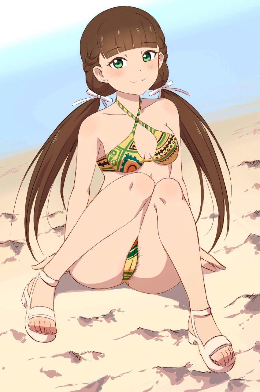 1girls beach bikini blush box_wonderland breasts cameltoe hairbow knees_up looking_at_viewer love_live! love_live!_superstar!! perky_nipples petite petite_body petite_breasts petite_female pubic_hair pubic_hair_peek pubic_hair_visible_through_clothing sakurakouji_kinako sand sandals sitting smile toes water young young_female young_woman