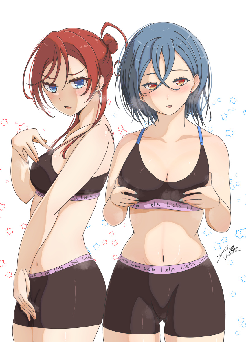 2girls blush breasts cleavage hair_bun hands_on_own_chest iariaiki_(stareikachan) looking_at_viewer love_live! love_live!_superstar!! midriff navel open_mouth shorts sports_bra steaming_body tight_clothing wakana_shiki yoneme_mei