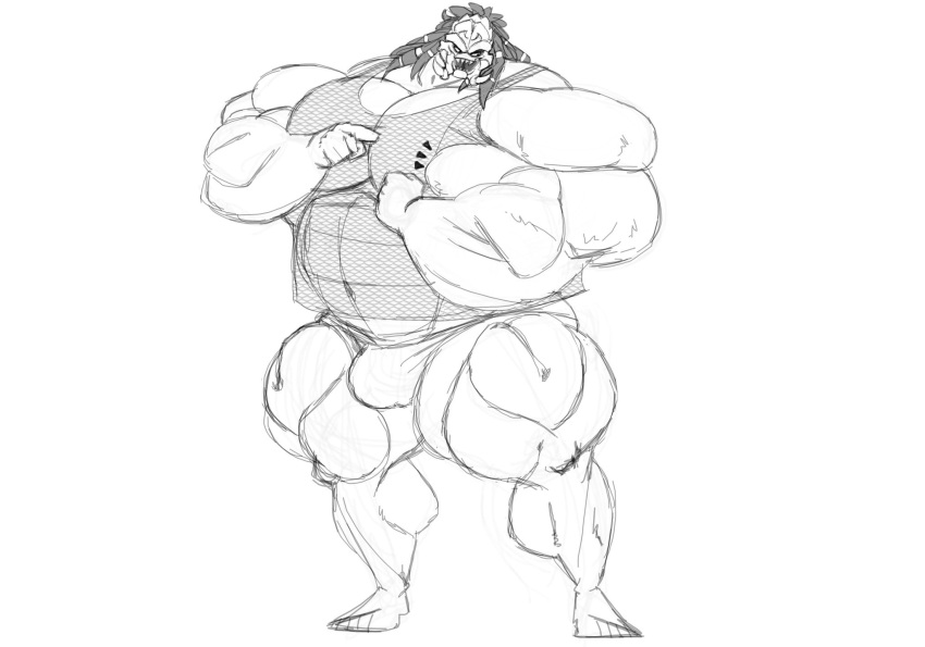 1boy abs alien alien_only big_muscles black_and_white bulge flexing flexing_bicep huge_muscles hyper male male_only mesh_shirt monochrome musclegut muscles muscular muscular_male pecs pointing predator_(franchise) see-through see-through_clothing shirt silver_stag sketch solo solo_male speedo tank_top yautja