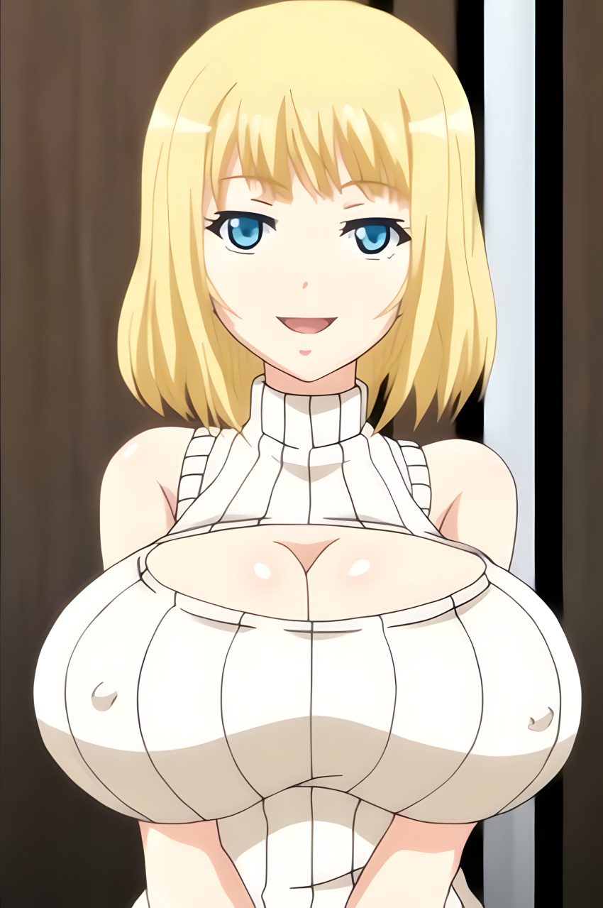 1girls alisa_(katainaka_ni_totsui_de_kita_russia_musume_to_h_shimakuru_ohanashi) anime_screencap big_breasts blonde_hair blue_eyes breast_focus breasts cleavage cleavage_cutout clothed clothing eyebrows eyelashes female female_only hentai huge_breasts katainaka_ni_totsui_de_kita_russia_musume_to_h_shimakuru_ohanashi large_breasts light-skinned_female light_skin looking_at_viewer milf nipples nipples_visible_through_clothing ova pale-skinned_female pale_skin russian_female russian_girl screencap screenshot short_hair smile visible_nipples white_skin