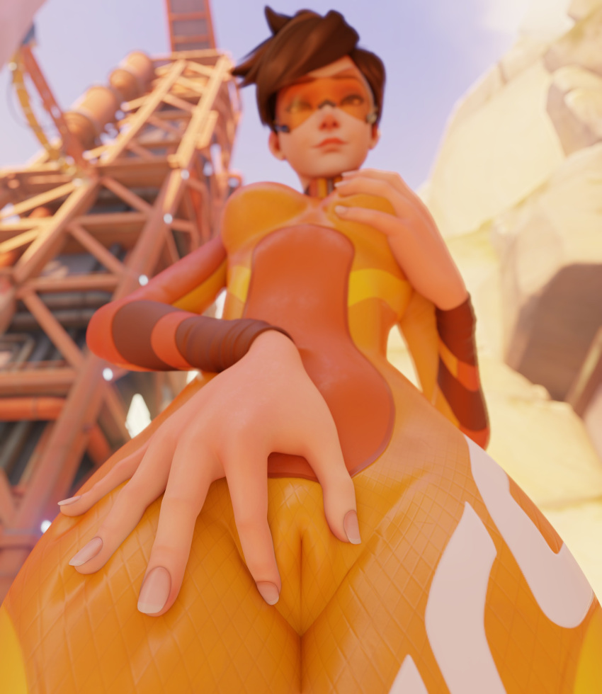 1girls 3d 3d_(artwork) blender bodysuit brown_eyes brown_hair cameltoe colonelyobo epiccino female goggles jumpsuit light-skinned_female light_skin looking_at_viewer looking_down orange-tinted_eyewear orange_goggles orange_jumpsuit overwatch overwatch_2 see-through see-through_clothing self_fondle smile solo tight_clothing tinted_eyewear touching_own_pussy tracer visor