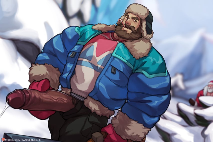 1boy beard belt blue_jacket braum brown_hair daydreamerjim erection facial_hair foreskin gloves hat jacket large_penis league_of_legends looking_at_viewer malcolm_graves male male_focus male_only mature_male moustache muscular muscular_male open_clothes open_jacket open_pants pants penis precum red_gloves santa_braum short_hair snow snow_day_graves snowdown_series snowdown_showdown_series solo uncensored veins veiny_penis winter_clothes