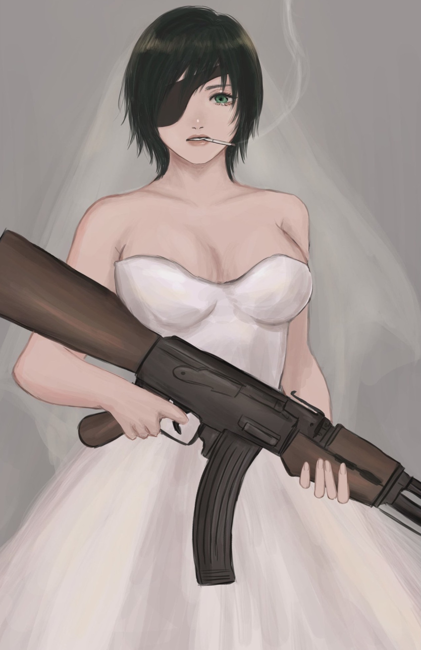 ak-47 assault_rifle big_breasts bridal_gauntlets bridal_veil bride chainsaw_man cigarette cleavage female female_only gun himeno_(chainsaw_man) weapon wedding_dress