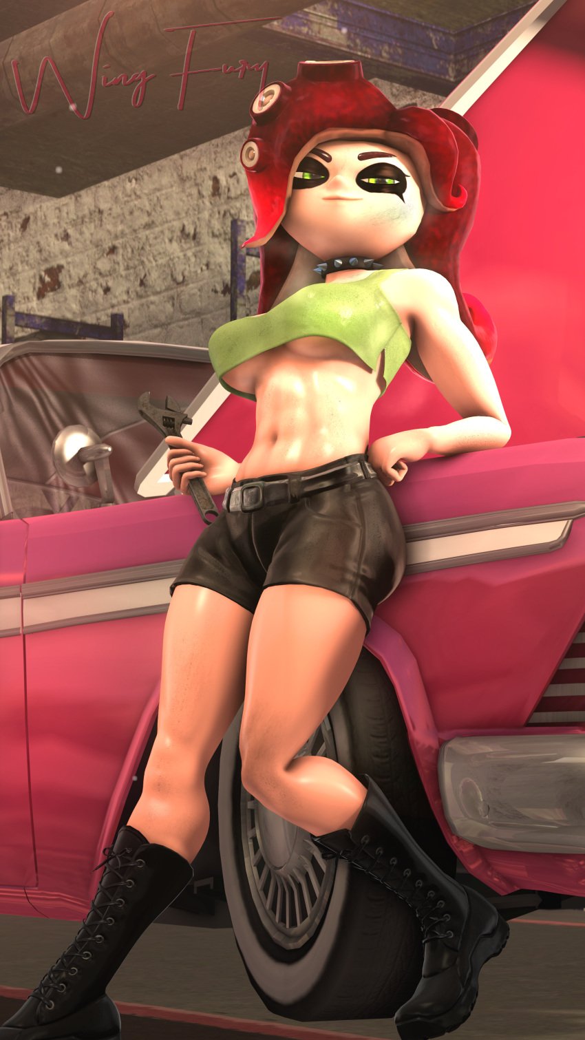 3d 3d_(artwork) car mechanic octoling octoling_girl sheila_(wingfury) splatoon underboob wing_fury