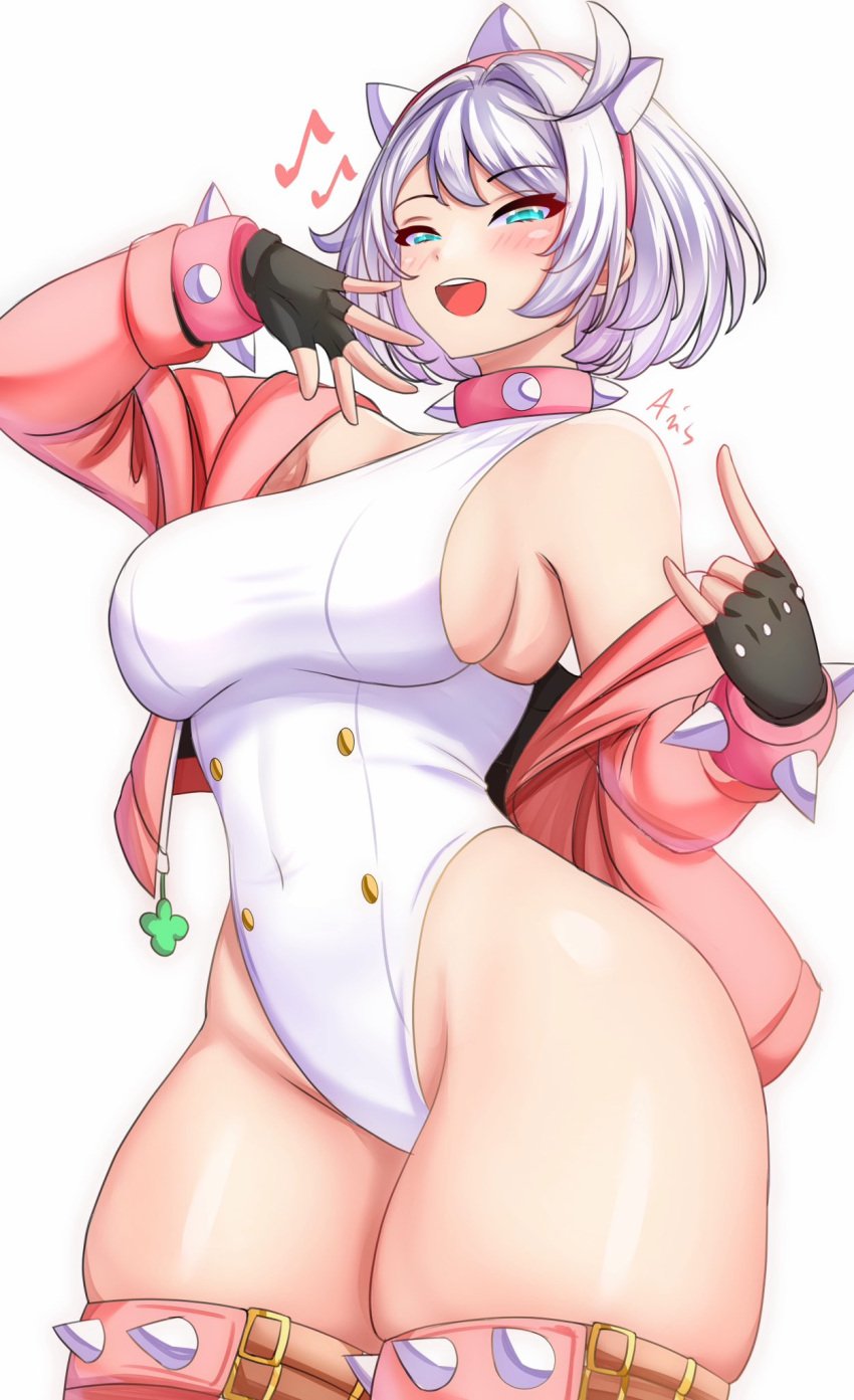 1girl ahoge anisdrawn armlet artist_name bare_shoulders blue_eyes blush breasts collar elphelt_valentine guilty_gear guilty_gear_strive hairband highres jacket jewelry large_breasts leotard musical_note navel pink_collar pink_jacket short_hair sideboob skin_tight solo spikes thick_thighs thighs white_hair white_leotard