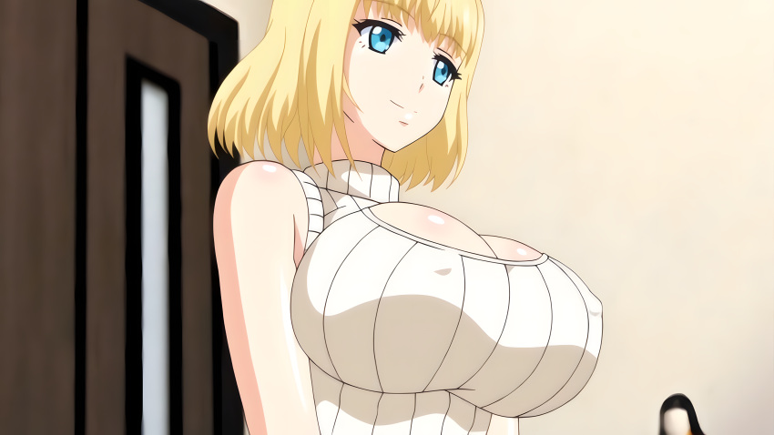 1girls alisa_(katainaka_ni_totsui_de_kita_russia_musume_to_h_shimakuru_ohanashi) anime_screencap big_breasts blonde_hair blue_eyes breasts cleavage cleavage_cutout clothed clothing eyebrows eyelashes female female_only hentai high_resolution highres huge_breasts indoors katainaka_ni_totsui_de_kita_russia_musume_to_h_shimakuru_ohanashi large_breasts light-skinned_female light_skin milf nipples_visible_through_clothing ova pale-skinned_female pale_skin russian_female russian_girl screencap screenshot short_hair smile white_skin