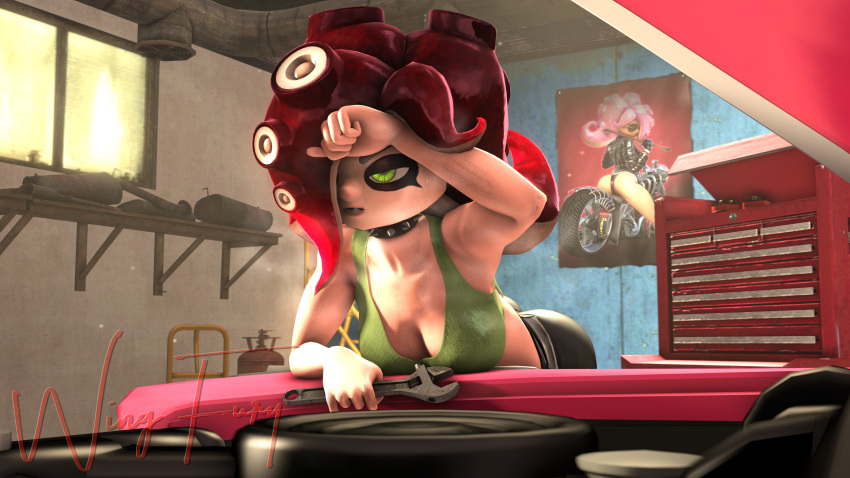 3d 3d_(artwork) car desti_(smg4) mechanic octoling octoling_girl sheila_(wingfury) smg4 splatoon sweat wing_fury