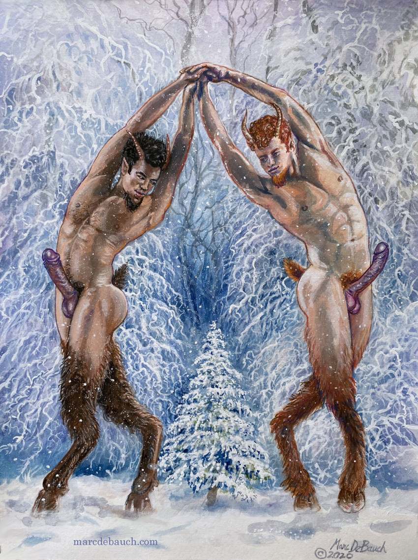 2020 2boys abs artist_signature balls ballsack body_hair boner brown_hair curly_hair dancing duo erect_nipples erect_penis erection facial_hair foreskin ginger_hair goatee greek_mythology hands_above_head holding_hands hooves horns horns_and_hooves humanoid intact male male_nipples male_only male_pubic_hair marc_debauch masculine mature_male nude_male pecs penis penis_size_difference pointy_ears pubes red_hair retracted_foreskin satyr scrotum smooth_skinned_male snow tail testicles thin_penis trees uncut url veiny_penis