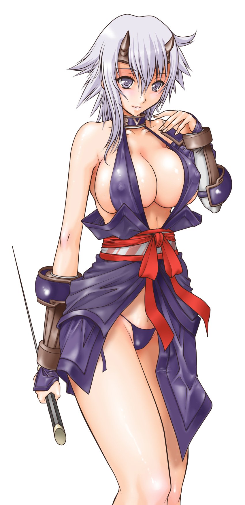 1girls absurdres armwear cleavage female g-string highres horns huge_breasts juubaori_mashumaro ninja no_bra queen's_blade queens_blade revealing_clothes shizuka_(queen's_blade) short_hair silver_eyes solo sword weapon white_hair