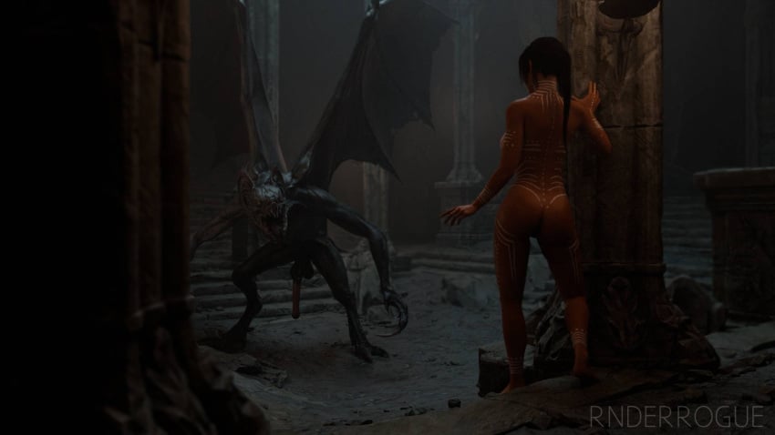 1boy 1girls 3d ass brown_hair bubble_butt busty demon_(metro) female hourglass_figure imminent_sex lara_croft lara_croft_(survivor) long_hair male metro_(series) metro_exodus monster nude nude_female nude_male nudity penis ponytail renderrogue tagme tomb_raider tomb_raider_(survivor) tribal tribal_female tribal_markings tribeswoman wide_hips