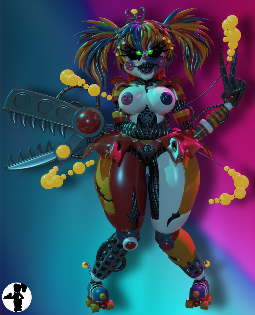 3d animatronic baby_(fnafsl) breasts circus_baby circus_baby_(fnaf) claw cosmic_trance eyelashes five_nights_at_freddy's freddy_fazbear's_pizzeria_simulator green_eyes heart-shaped_pupils heart_eyes knees_together_feet_apart nipples orange_hair pigtails polsy robot robot_girl robot_humanoid roller_skates scrap_baby scrap_baby_(cosmic_trance) scrap_baby_(fnaf) simple_background skirt solo topless torn_clothes torn_clothing torn_skirt v_sign wide_hips