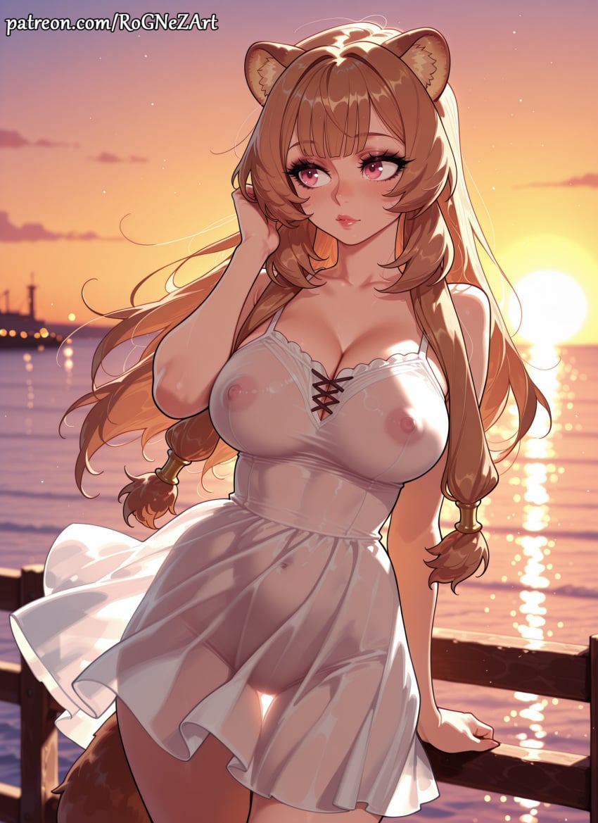 1girl 2026 ai_generated animal_ear_fluff animal_ears animal_tail anime ass_visible_through_thighs bangs bare_shoulders blunt_bangs blush boobs breasts brown_hair cat_ears cleavage collarbone commando covered_navel covered_nipples cowboy_shot crossover dress explicit exposed_nipples female female_focus flushed highres huge_breasts large_breasts long_hair looking_away looking_to_the_side nipples no_bra no_panties nsfw ocean orange_sky outdoors patreon patreon_username pink_eyes pussy raccoon_ears raccoon_girl raccoon_tail railing raphtalia rognezart see-through see-through_silhouette sleeveless solo spread_pussy sunset tail the_rising_of_the_shield_hero thigh_gap twilight very_long_hair water white_dress