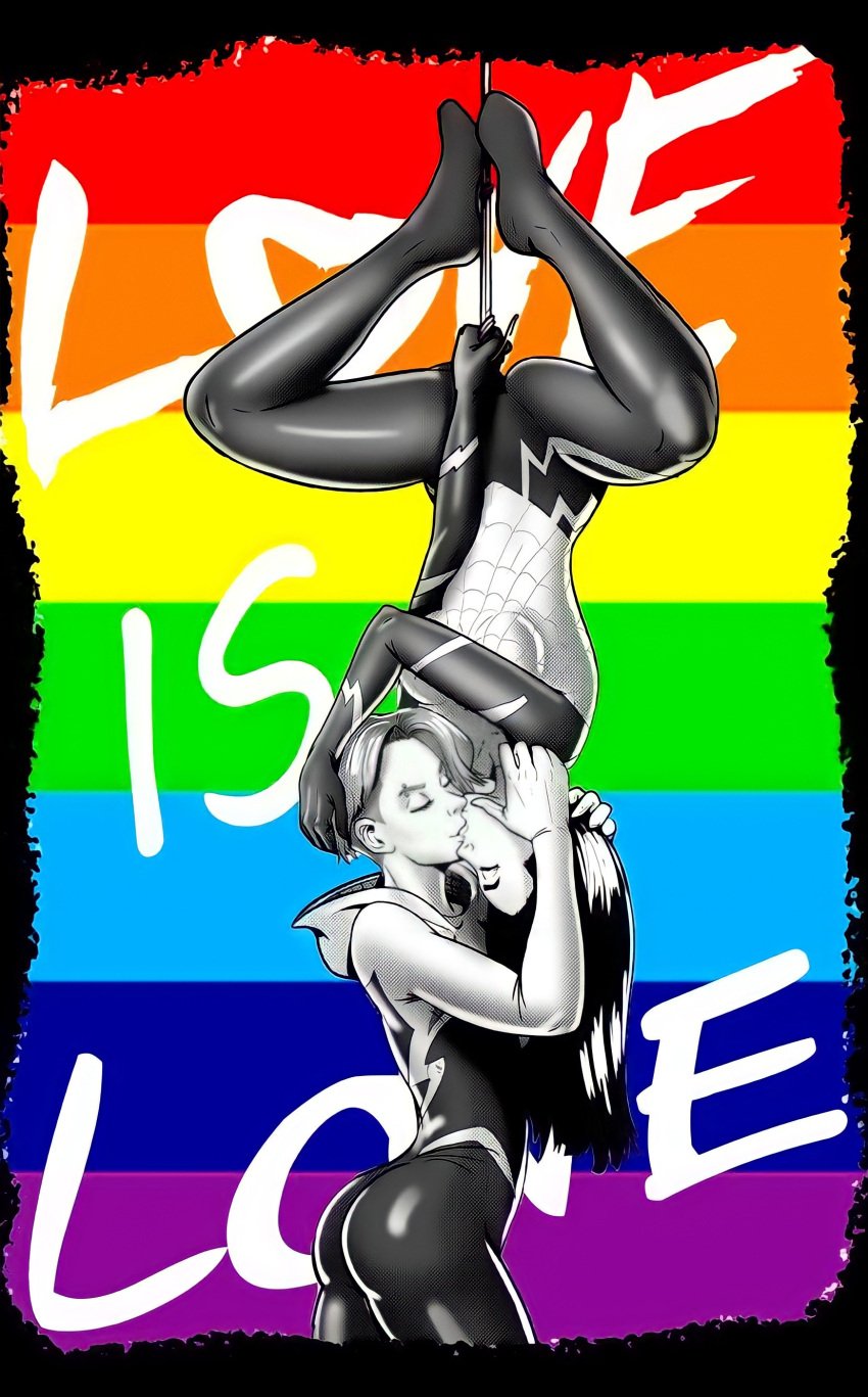 ass black_and_white closed_eyes clothed eyebrow_piercing female gwen_stacy hanging_from_rope kissing lunaraecosplay marvel meme pride_colors rainbow_background silk_(marvel) spider-gwen spider-man_kiss spider-man_upside-down_kiss spider_kiss spider_web upside-down yuri