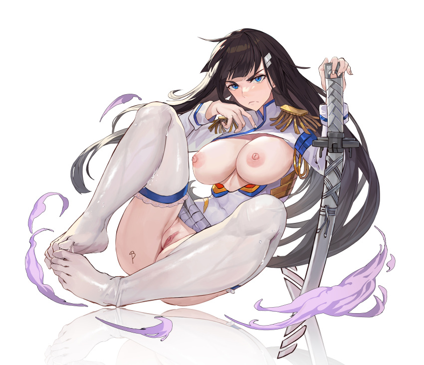 1girls big_breasts black_hair blue_eyes breasts exposed_breasts feet hair_ornament kill_la_kill kiryuuin_satsuki lan_xiezi looking_at_viewer nipples partially_clothed reflection simple_background sword tattoo