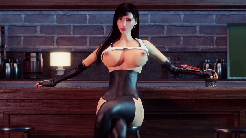 3d areolae big_breasts black_hair breasts busty corset el-recondite_(artist) elbow_gloves female female_focus female_only final_fantasy final_fantasy_vii hourglass_figure long_hair nipples sitting solo tagme thighhighs tifa_lockhart wide_hips