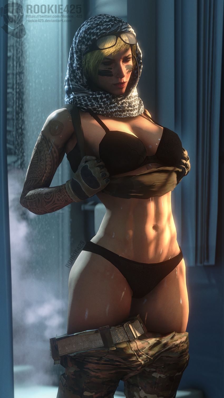 1girls 3d abs bikini blonde_hair bra bravo44 bravo44_(artist) eyewear_on_head female muscular_female panties rainbow_six rainbow_six_siege rookie425 shiny_skin solo source_filmmaker tagme tattoo tom_clancy underwear valkyrie_(rainbow_six) wet