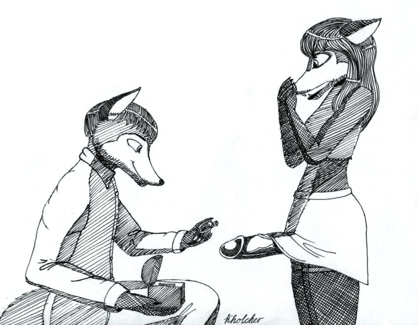 anthro canid canine clothing duo erection fox genitals gynomorph gynomorph/male hatching_(art) intersex intersex/male kneeling konstantin_kholchev legwear male mammal penis proposal ring_(jewelry) shaded shocked skirt_boner smile thigh_highs traditional_media_(artwork)