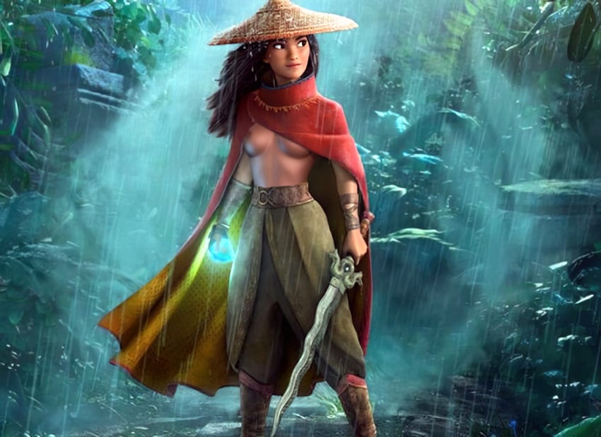 1girls 3d accurate_art_style alluring breasts casual casual_exposure dark-skinned_female dark_skin disney disney_princess edit female female_only forest girl headwear human nipples official_style rain rastifan raya_(ratld) raya_and_the_last_dragon solo standing sword warrior weapon wet