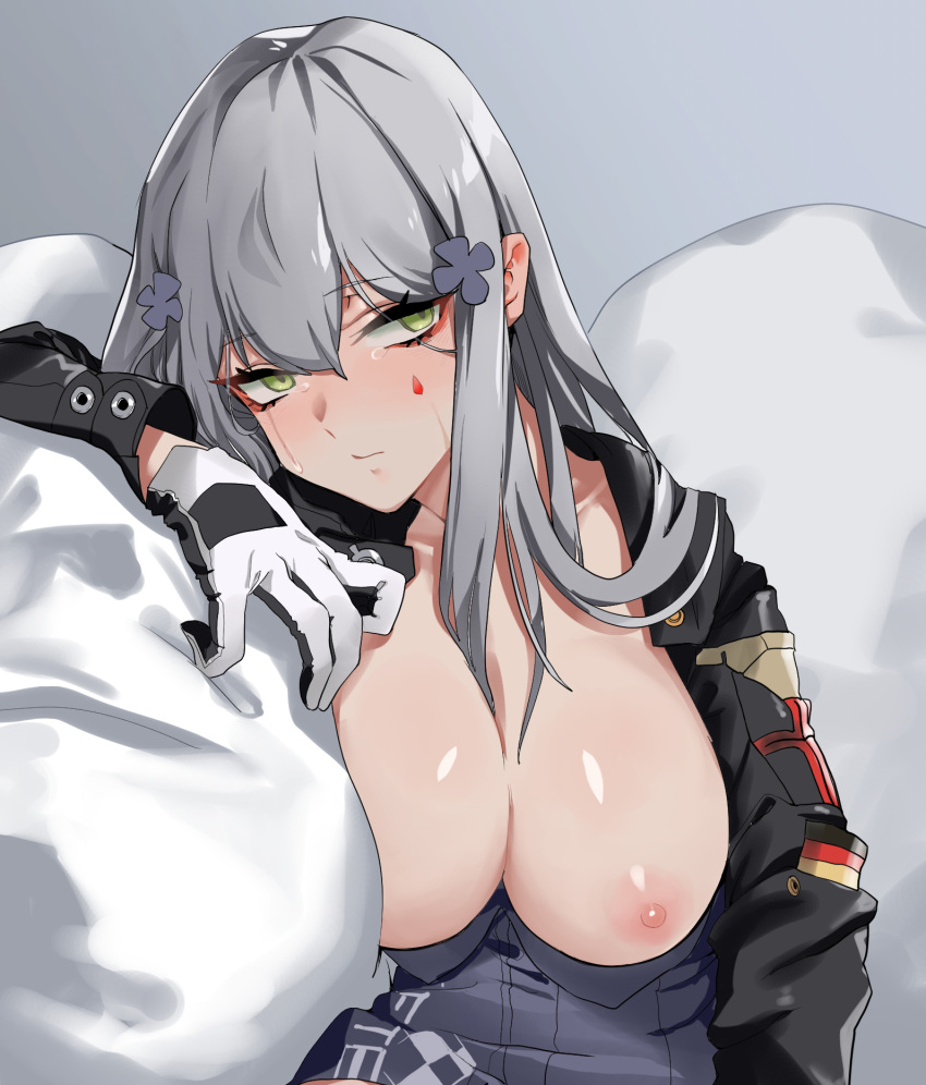 areolae bags_under_eyes bangs banssee breasts breasts_out clothes_writing commentary elbow_rest eyebrows_visible_through_hair facial_mark female german_flag girls'_frontline gloves green_eyes grey_hair hair_ornament head_on_arm highres hk416_(girls'_frontline) jacket jacket_pull large_breasts leaning long_hair long_sleeves looking_at_viewer nipples sidelocks sitting solo teardrop tears tsurime very_long_hair