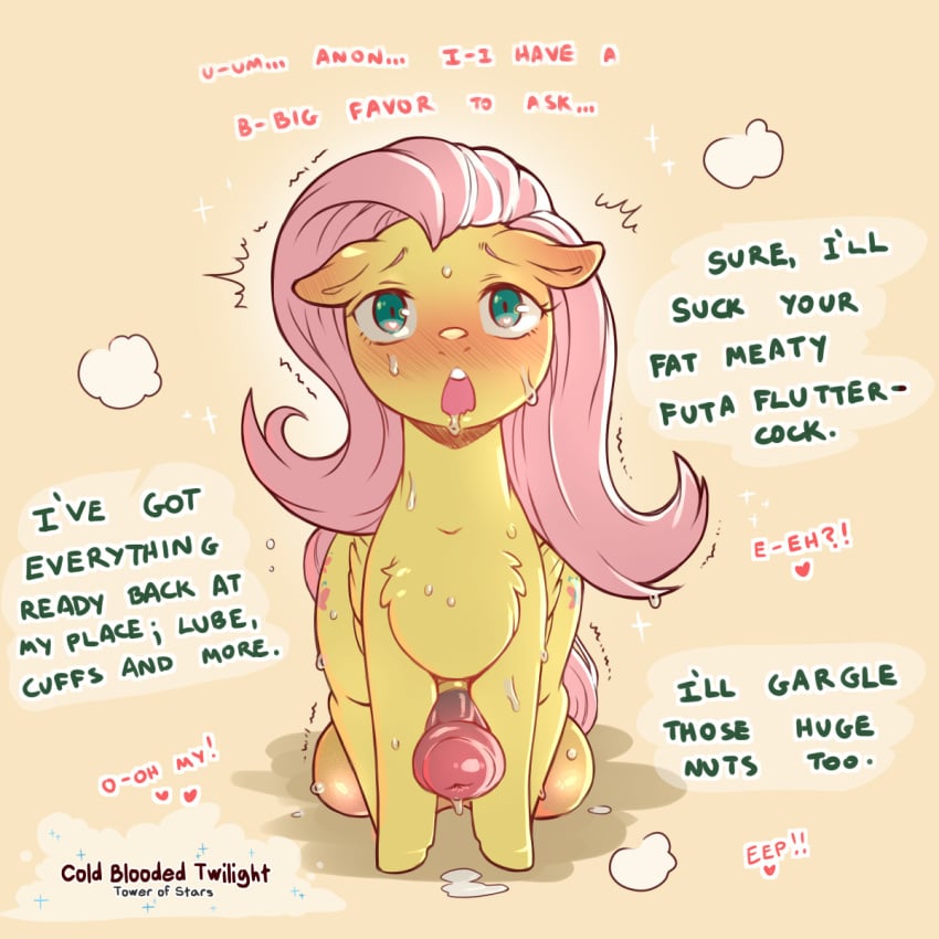 1:1 2021 animal_genitalia animal_penis blush bodily_fluids cold-blooded-twilight cutie_mark dialogue digital_media_(artwork) english_text equid equine equine_penis feral fluttershy_(mlp) friendship_is_magic front_view futanari futashy genital_fluids genitals hasbro hi_res intersex looking_at_viewer mammal my_little_pony open_mouth pegasus penis precum rule_63 simple_background solo sweat text wings