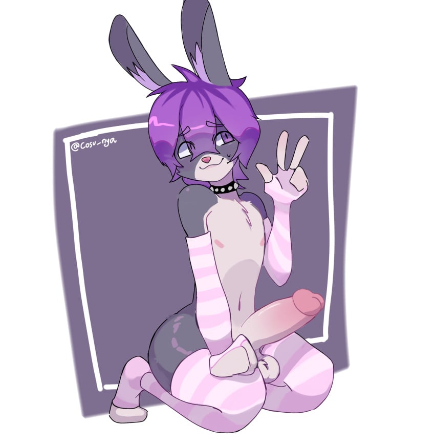 anthro big_ass big_penis bunny cosu_nya ear erection femboy furry male nervous_smile nervous_sweat penis pink_striped_legwear purple_eyes purple_hair rabbit sitting solo sweat thighhighs uncensored