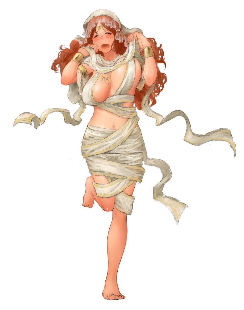 absurdres artist_request barefoot blush bouncing_breasts breasts brown_hair circlet dark_souls feet female female_focus fromsoftware full_body goddess gold_(metal) highres large_breasts looking_at_viewer navel queen_of_sunlight_gwynevere revealing_clothes running solo souls_(from_software) wide_hips wrappings