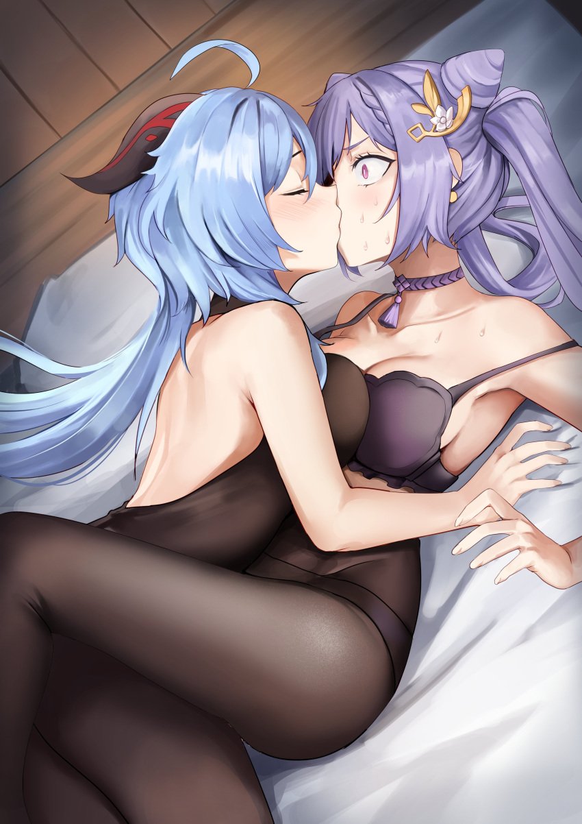 black_legwear blue_hair blush bra breasts closed_eyes clothing female female_only ganyu_(genshin_impact) genshin_impact horns keqing_(genshin_impact) kissing long_hair matching_underwear on_bed panties purple_bra purple_eyes purple_hair purple_panties shocked surprise_kiss sweat twintails wide_eyed yuri