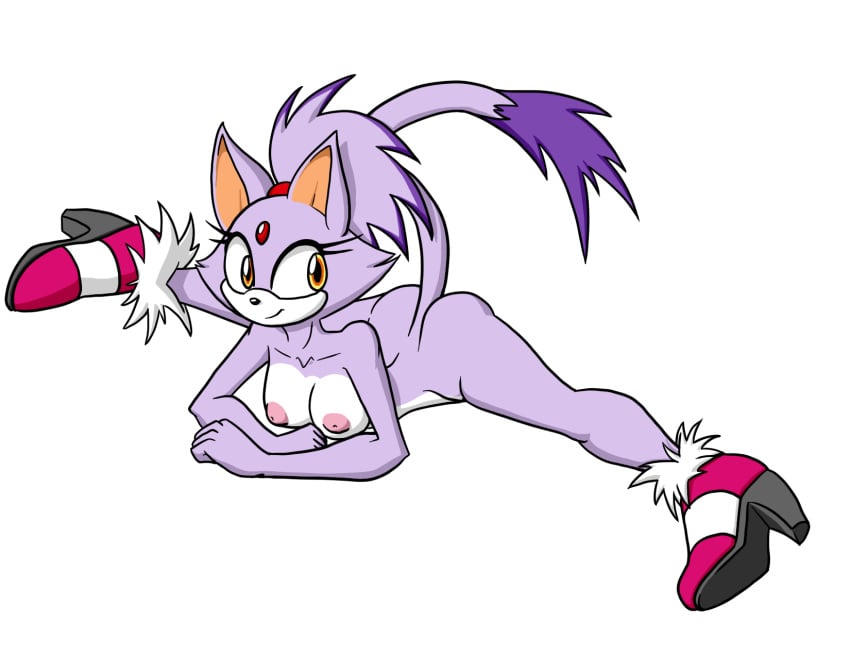 anthro black_nose blaze_the_cat cat_ears cat_tail domestic_cat eyelashes felid feline felis forehead_jewel gem lying muniversalarts nipples nude pink_nipples ponytail purple_body purple_hair shoes smile sonic_(series) splits tail white_body yellow_eyes