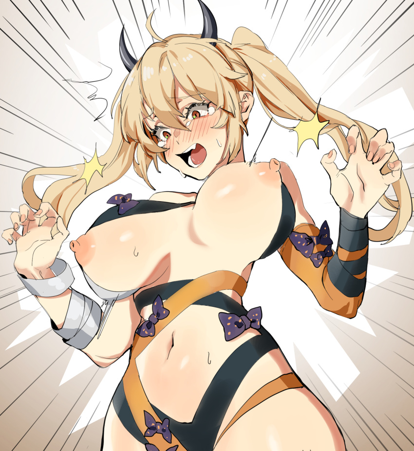 areolae bandage bandaged_arm bandages banssee blonde_hair blush breasts brown_eyes elbow_gloves female girls'_frontline gloves hair_between_eyes highres large_breasts long_hair m870_(girls_frontline) navel nipples open_mouth solo sweat tears teeth twintails wardrobe_malfunction