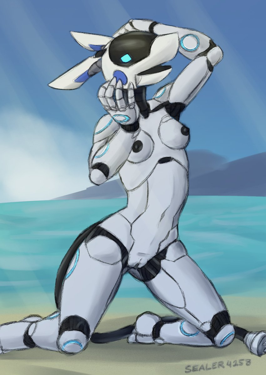 android anthro areola beach black_nipples breasts female genitals hi_res kneeling machine navel nipples open_mouth outside pussy robot screen screen_face se-4258 sealer4258 seaside small_breasts solo water