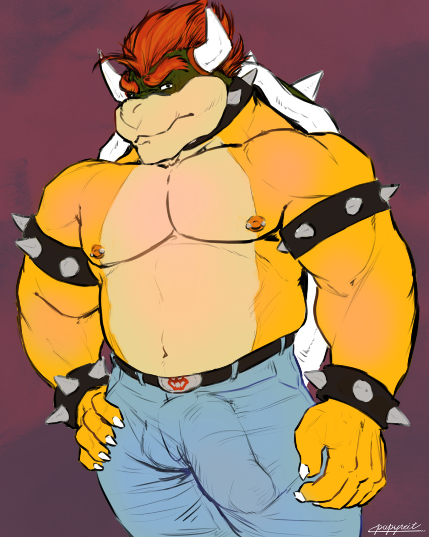 4:5 5_fingers anthro armband balls bara belly belt belt_buckle biceps blue_bottomwear blue_clothing blue_jeans blue_pants bottomwear bowser bracelet bulge claws clothed clothing collar denim denim_clothing eyebrows fingers genital_outline genitals hair hand_on_hip hi_res horn jeans jewelry koopa leather looking_at_viewer male male_only mario_(series) musclegut muscular muscular_anthro muscular_male nintendo nipple_piercing nipples overweight_male pants papyreit pecs penis penis_outline piercing red_hair reptile scalie shell slightly_chubby solo solo_male spiked_armband spiked_bracelet spiked_collar spiked_shell spikes spikes_(anatomy) thick_eyebrows topless topless_male video_games yellow_body