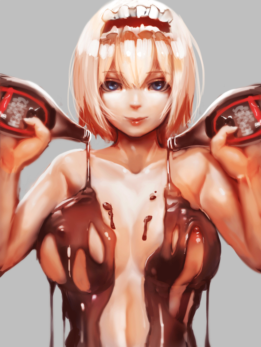 1girls alice_margatroid areolae big_breasts blonde_hair blue_eyes chocolate chocolate_on_breasts curvy_female female jubakurei nipples smile tagme touhou