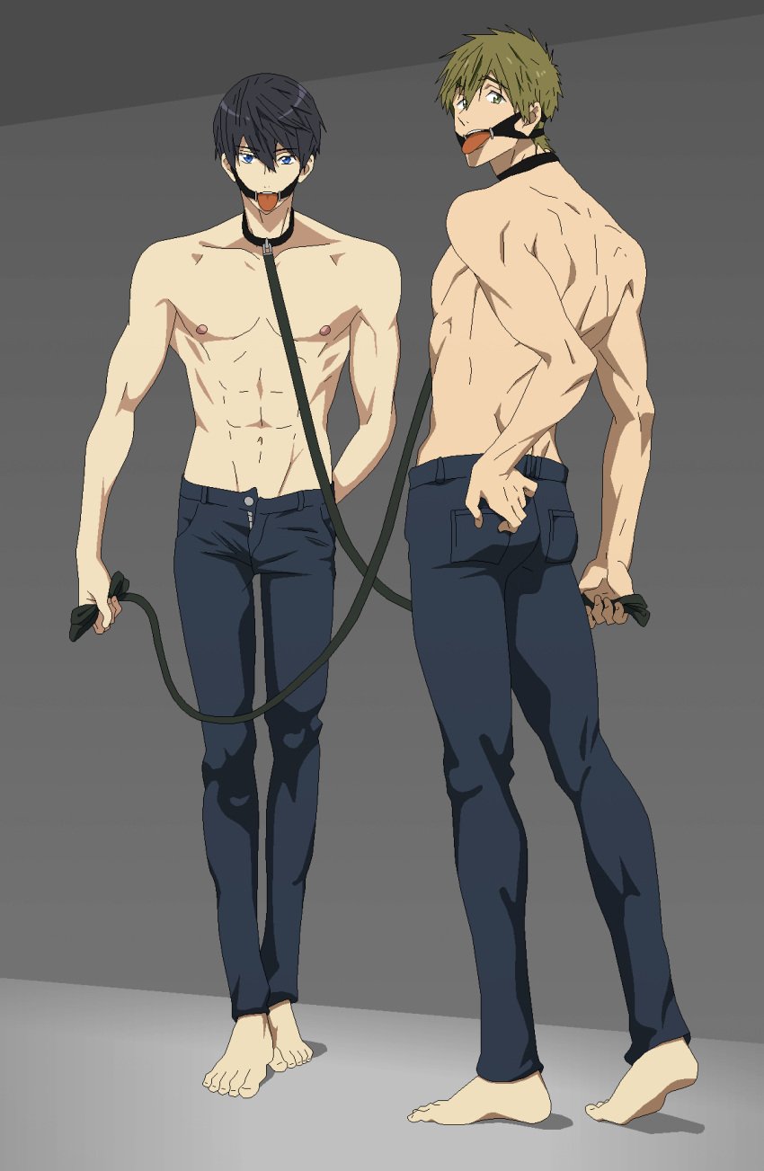 2boys bondage clothing collar collar_and_leash free! gag gay jeans leash leash_and_collar makoto_tachibana male male/male nanase_haruka_(free!) sexyanimes shirtless shirtless_(male) tachibana_makoto yaoi