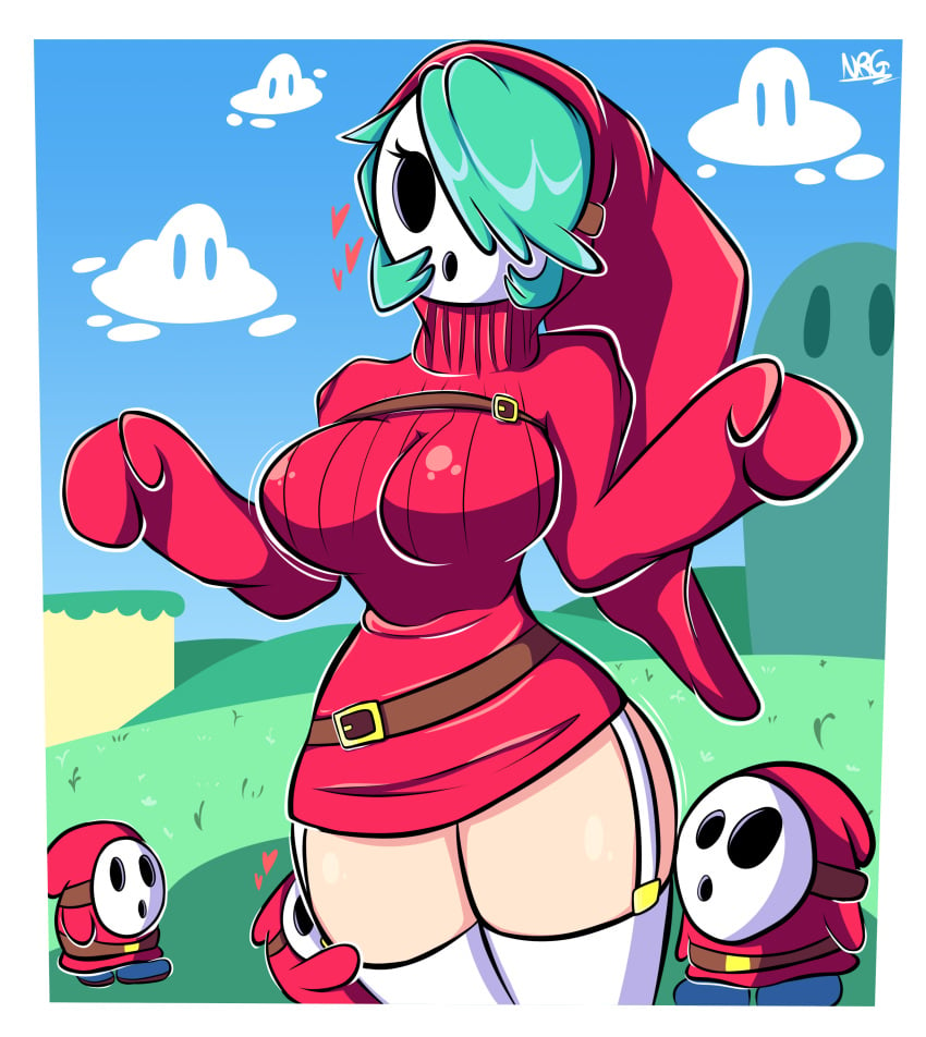 1girls 2020 3boys absurd_res artist_name belt bimbo bouncing_breasts breasts clothed clothing cloud dress female garter_straps green_hair hair_over_one_eye heart highres hoodie hug hugging large_breasts looking_at_another looking_up male mario_(series) mask multiple_boys nintendo nrgxer outdoors red_clothing red_dress red_sweater short_dress shy_gal shy_guy signature sky standing super_mario_bros. sweater thick_thighs thighhighs thighs turtleneck turtleneck_sweater white_border wide_hips zettai_ryouiki