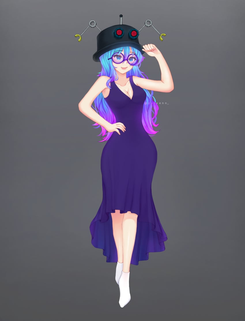 1girls black_hat blue_eyes blue_hair breasts cleavage collarbone dress glasses gradient_hair grey_background hand_on_hip hat hips lips lipstick long_hair medium_breasts multicolored_hair pale-skinned_female pale_skin pink_hair purple_dress purple_glasses purple_hair roblox roblox_avatar simple_background smile socks standing top_hat twitter_username watermark white_socks zyreenn