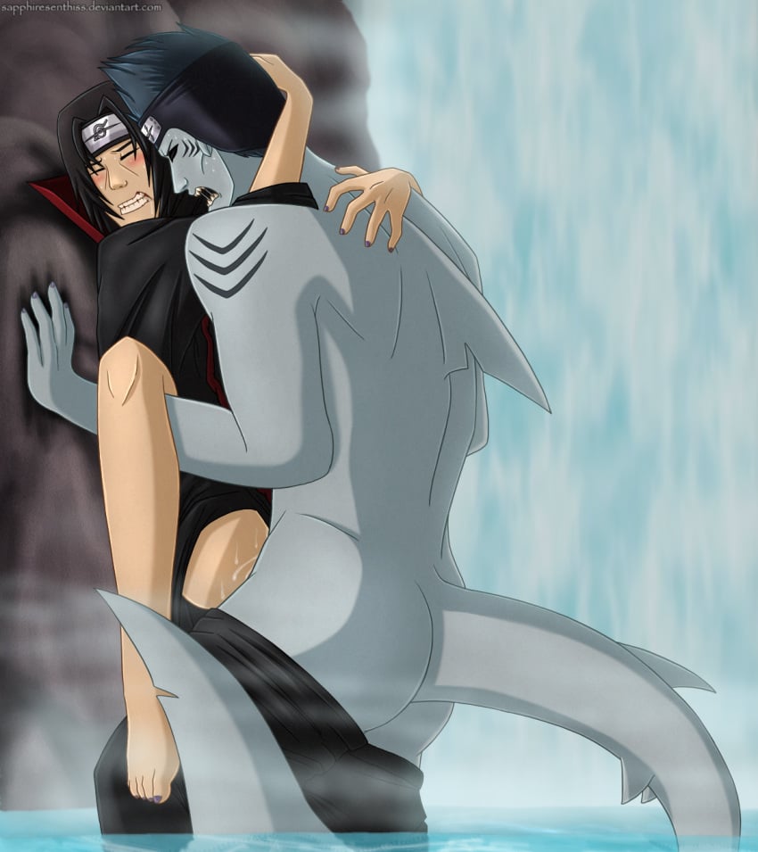 against_wall akatsuki_(naruto) ambiguous_penetration anal anal_sex anal_sex arm_support ass barefoot black_hair blue_hair blue_skin carrying clenched_teeth cloak closed_eyes embracing endured_face feet gay headband hoshigaki_kisame lifted_by_another long_hair male male/male male_only male_penetrating nail_polish naruto naruto_(series) naruto_shippuden open_mouth outdoor_sex outdoors pants_down partially_submerged sapphiresenthiss scales screaming shark_fin shark_tail sharp_teeth shirtless short_hair stand_and_carry_position standing standing_sex sweat sweatdrop tail toes uchiha_itachi water waterfall wet yaoi