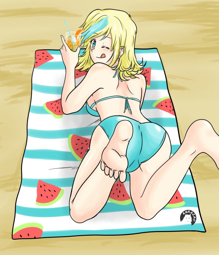 1girls ass back bangs barefoot beach big_ass bikini bikini_bottom bikini_top blonde_hair blue_bikini blue_hair blue_highlights blue_panties blue_swimsuit breasts closed_mouth drink drinking_glass feet female female_focus female_only glass hair_highlights holding_drink kurazao kurazaox large_ass legs looking_at_viewer looking_back lying lying_on_stomach lying_on_towel on_towel one_eye_closed panties sam_sharp sand smile soles solo solo_female solo_focus straw swept_bangs swimsuit swimwear the_loud_house thighs toes tongue tongue_out towel wink