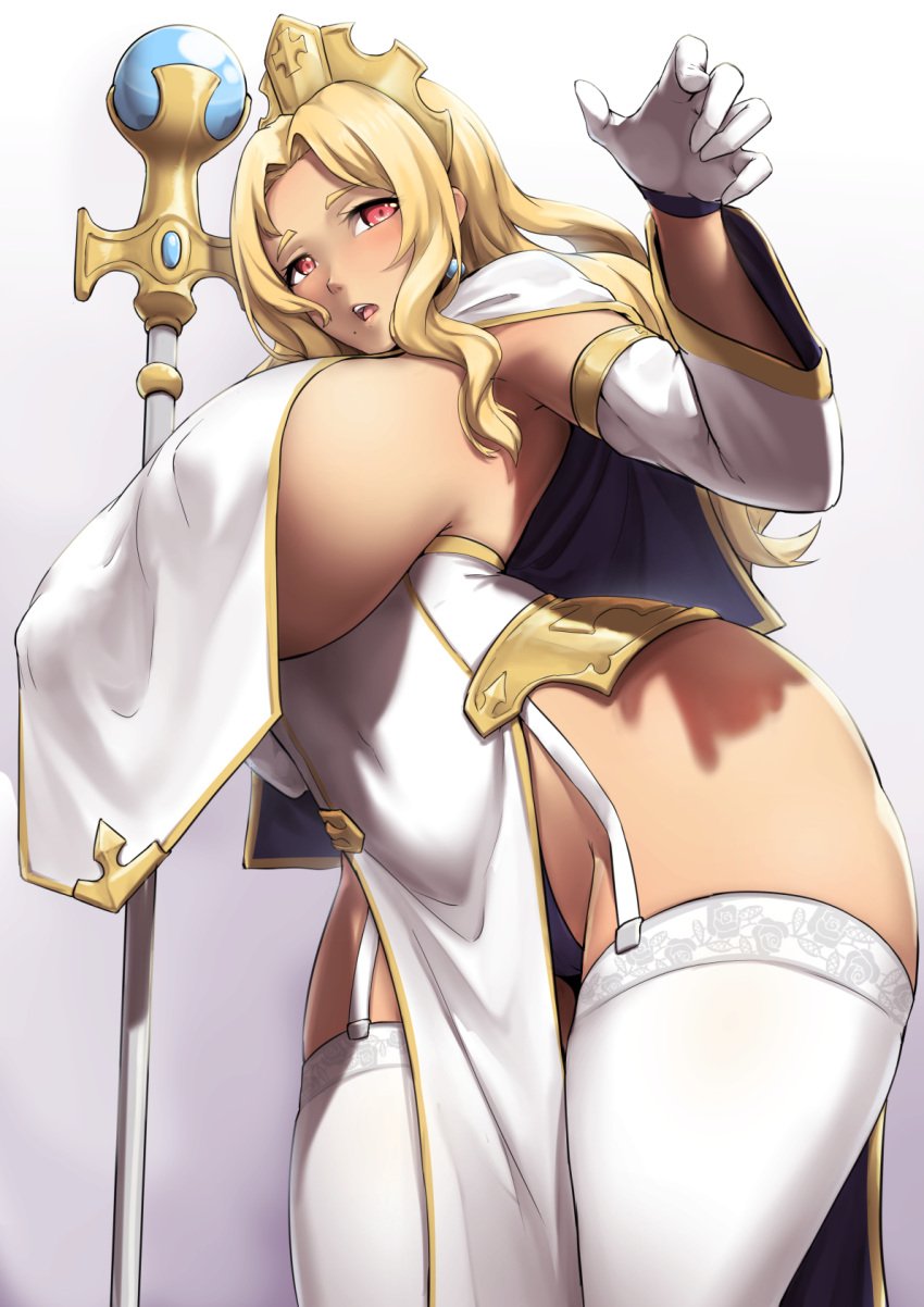 1girls blonde_hair blush breast_curtains cape clothed_female clothing commission covered_nipples curvy earrings embarrassed eyebrows female female_only garter_belt garter_straps gloves gradient_background hair_ornament highres huge_breasts long_hair looking_at_viewer nipple_bulge open_mouth original original_character packge pelvic_curtain precarious_clothing priest red_eyes shy simple_background solo staff stockings thick_thighs thighhighs underboob voluptuous white_background white_gloves wide_hips