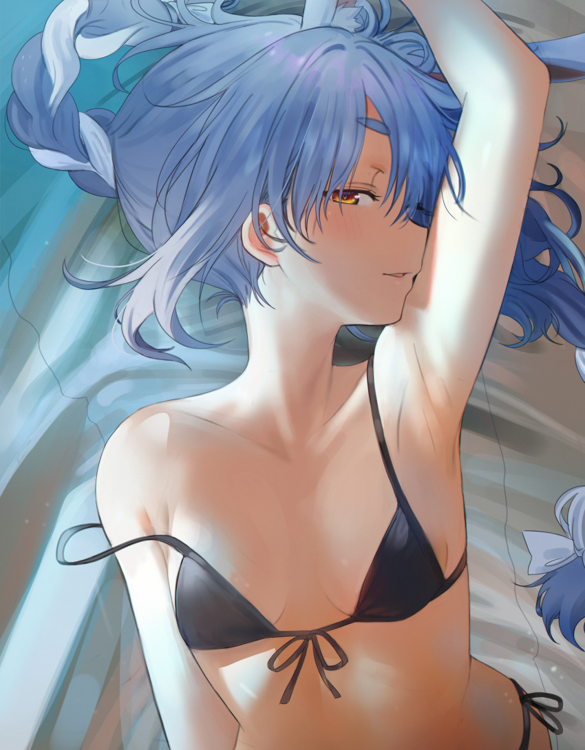 absurd_res armpits bed bikini blue_hair bunny_ears collarbone highres hololive hololive_fantasy hololive_japan lying_on_back orange_eyes seicoh usada_pekora virtual_youtuber