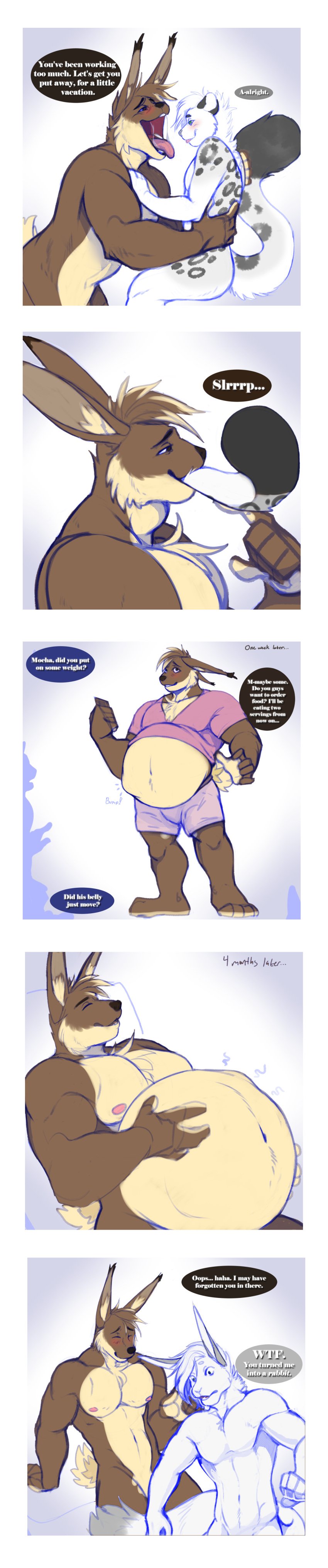 absurd_res anthro ass blush bodily_fluids breasts brown_body brown_fur chest_tuft clothing comic dialogue drooling duo ears_down ears_up embarrassed english_text felid fur hand_on_breast hand_on_chest hand_on_stomach hi_res lagomorph leporid long_image male male/male male_pred male_pregnancy male_prey mammal mawplay mocha_latte_love montage mouth_shot nude open_mouth oral_vore overweight overweight_male pantherine pivoted_ears pregnant rabbit saliva slurp slurping snow_leopard spots spots_(marking) surprise surprised_expression swallowing tall_image text time_lapse time_skip transformation transformation_sequence tuft vore what willing_vore wtf_face yall_need_jesus zyyph zyyphelze