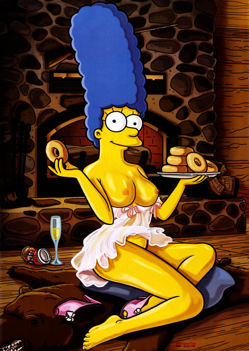 20th_century_studios accurate_art_style breasts clothes color darkmatter female female_only food high_heels human indoors marge_simpson nipples playboy sitting solo tagme the_simpsons yellow_body yellow_skin