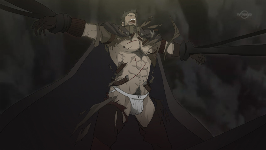 1boy abs aganzo arad_senki arms_open bara beard black_hair brown_cape brown_gloves bulge cape captured chest_hair closed_eyes dilf dungeon_and_fighter dungeon_fighter_online eyes_closed facial_hair gay gloves human human_only jockstrap male male_focus male_only muscles muscular muscular_male open_arms penis_in_underwear pubic_hair ripped_clothes ripped_clothing ripped_pants ripped_shirt scream screaming six_pack solo solo_focus solo_male underwear white_jockstrap white_underwear