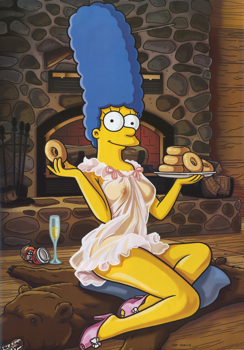 1girls breasts clothes color doughnut female female_only fireplace food high_heels human indoors looking_at_viewer marge_simpson matt_groening nightgown nipples nipples_visible_through_clothing official_art playboy see-through see-through_clothing sitting solo tagme the_simpsons