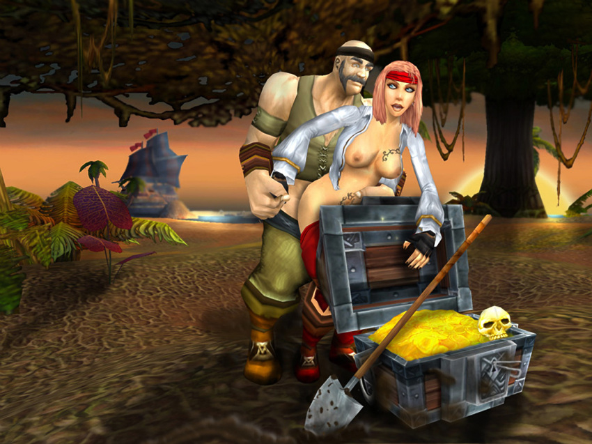 1boy 1girls 2009 3d bald bandana beach beard blizzard_entertainment bloodsail_buccaneers blue_eyes breasts chest doggy_style eastern_kingdoms from_behind gloves grey_hair human island muscular open_clothes open_shirt orange_hair penis_out pirate rexxcraft sex ship shirt shovel skull stranglethorn_vale sunset tattoo treasure warcraft world_of_warcraft