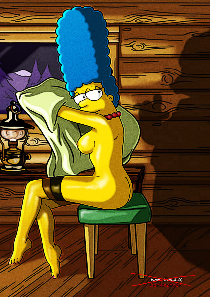 20th_century_studios accurate_art_style ass breasts clothes color darkmatter female female_only human indoors marge_simpson nude playboy side_view sitting solo tagme the_simpsons yellow_body yellow_skin