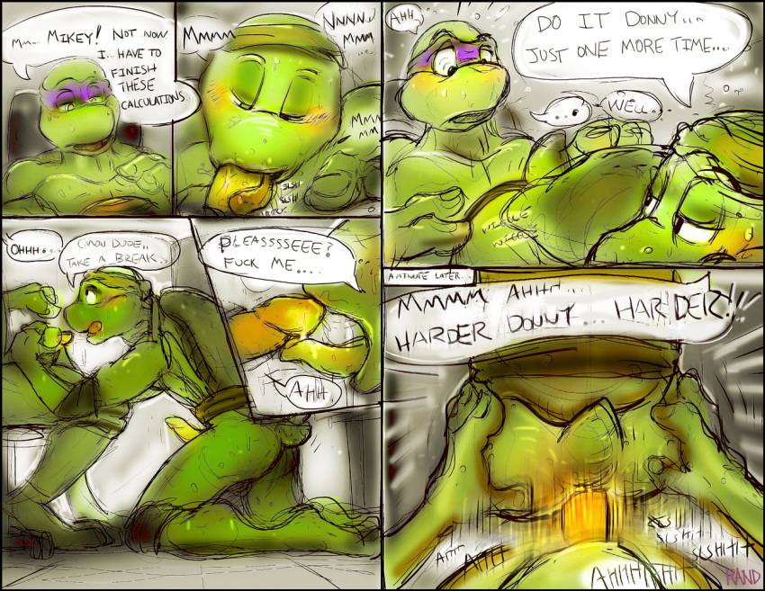 anal anal_sex ass blowjob comic distraction doggy_style donatello donatello_(tmnt) english_text fellatio gay hands incest male male/male male_only michelangelo michelangelo_(tmnt) oral penis rand_(furry_artist) sex teenage_mutant_ninja_turtles thrusting yaoi